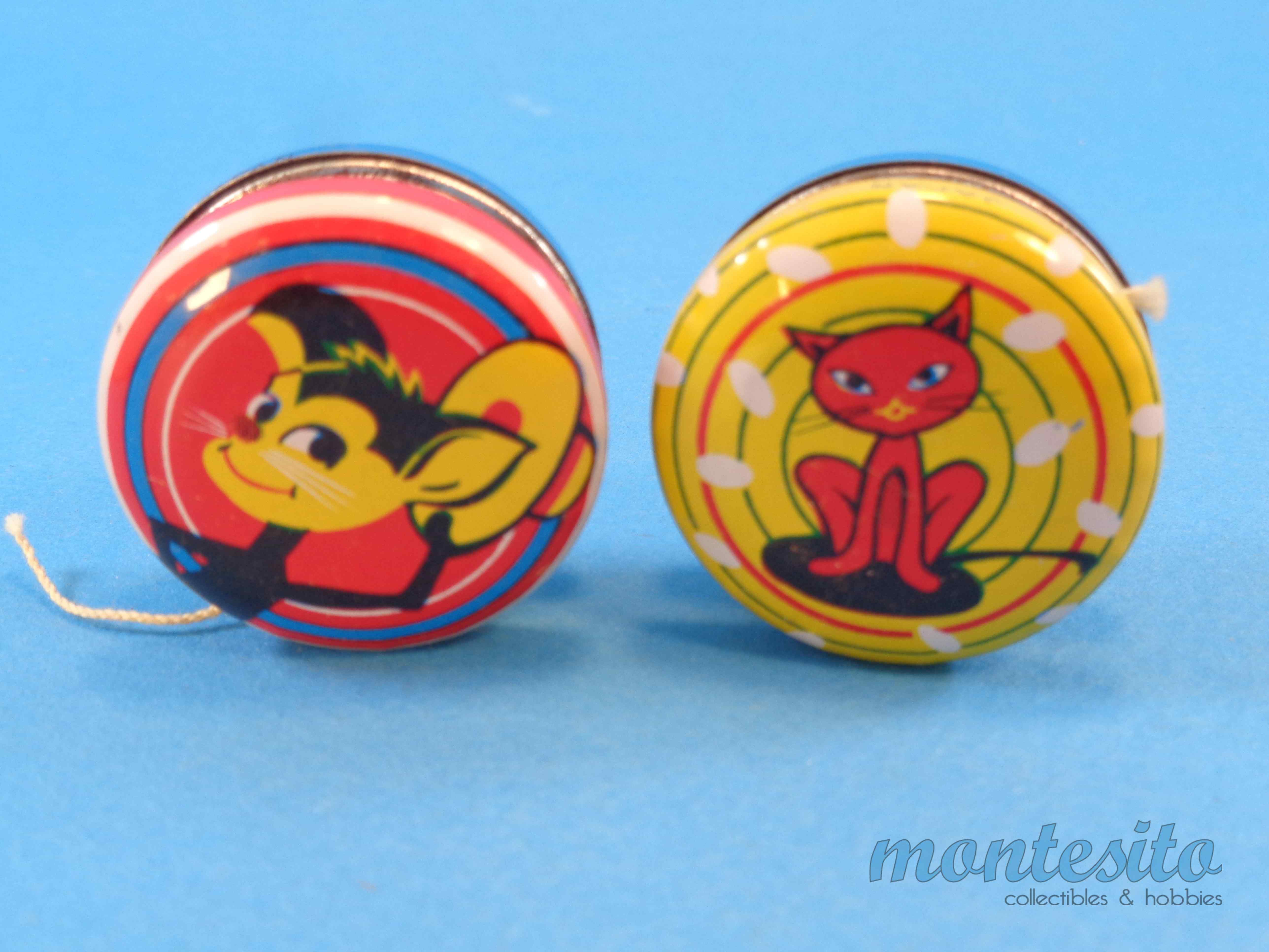 VINTAGE 1960s TIN LITHO YO-YOs LOT of 10 * JAPAN * CARTOON DOG CAT